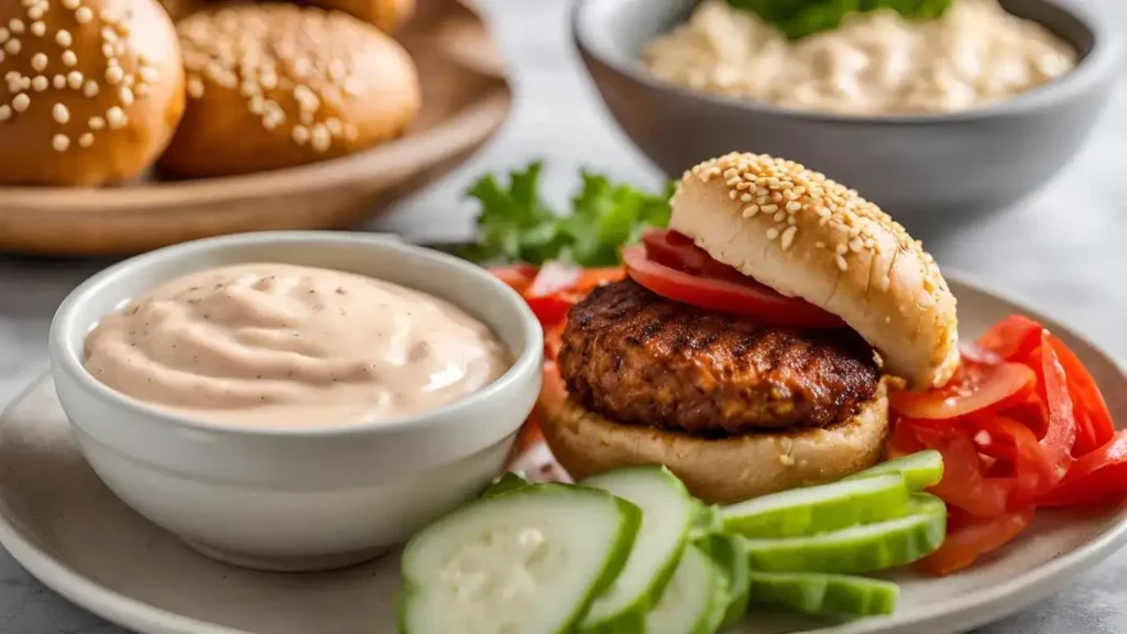 Creamy secret sauce made with mayo, mustard, ketchup, and spices, served in a bowl with a burger patty in the background.