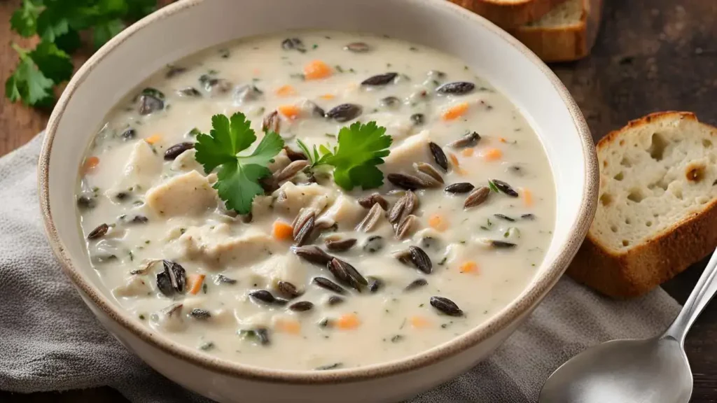 Bowl of creamy chicken and wild rice soup with fresh parsley garnish, served with crusty bread on a rustic wooden table.