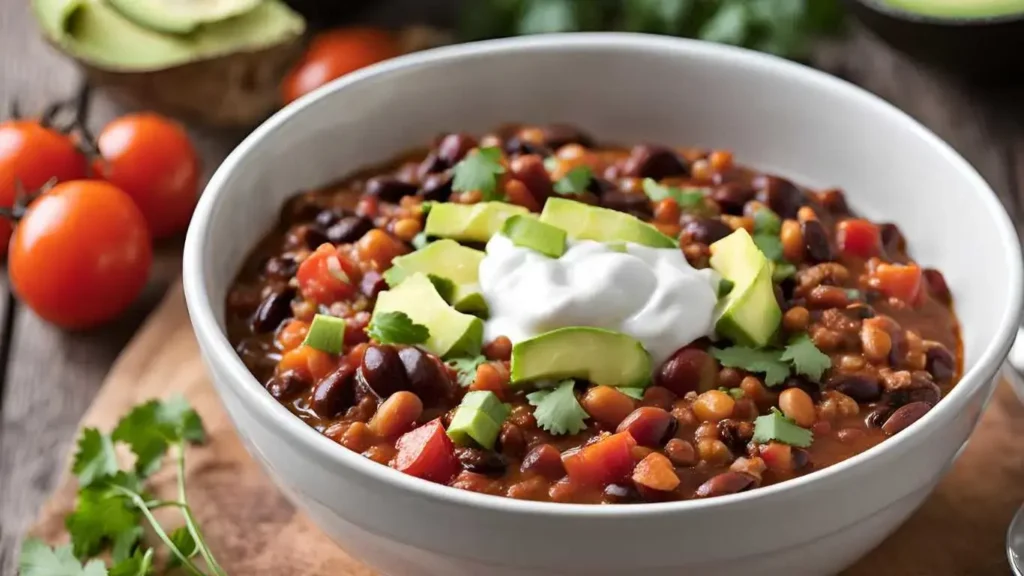 A bowl of hearty vegetarian chili topped with shredded cheese, sour cream, avocado slices, and cilantro, served on a rustic table.