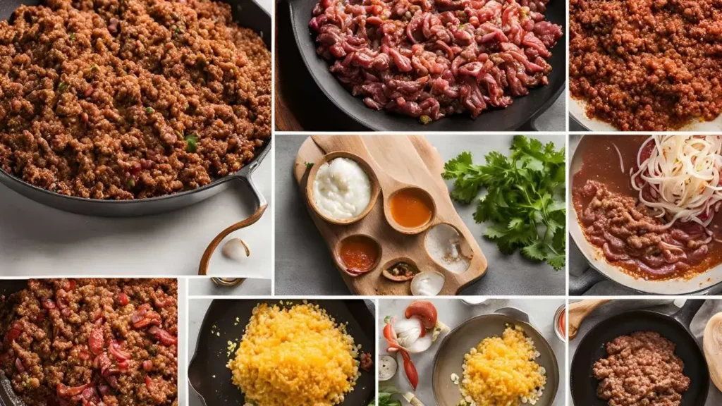 Step-by-step process of making taco meat: sautéing onions and garlic, browning ground beef, adding spices, and simmering with tomato sauce in a skillet.