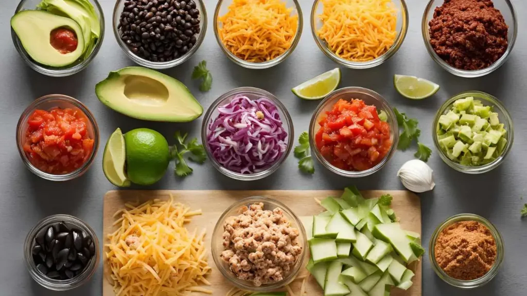 Best ingredients for taco filling, including ground beef, shredded chicken, black beans, fresh veggies, spices, and toppings like avocado, lime, and salsa.