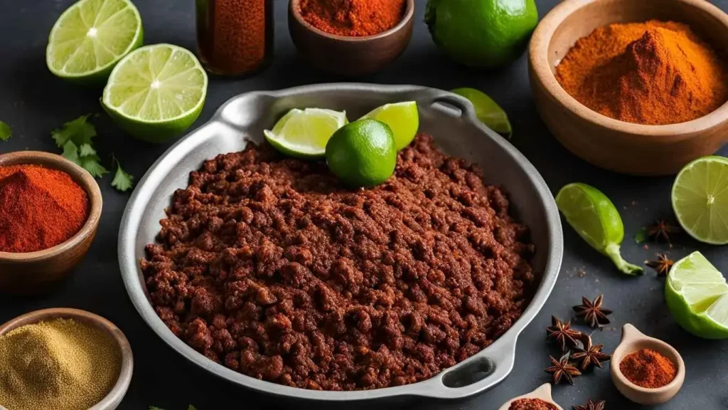 Skillet of flavorful taco meat surrounded by spices, lime, and olive oil, with a handwritten note showcasing pro tips for making the best taco meat.