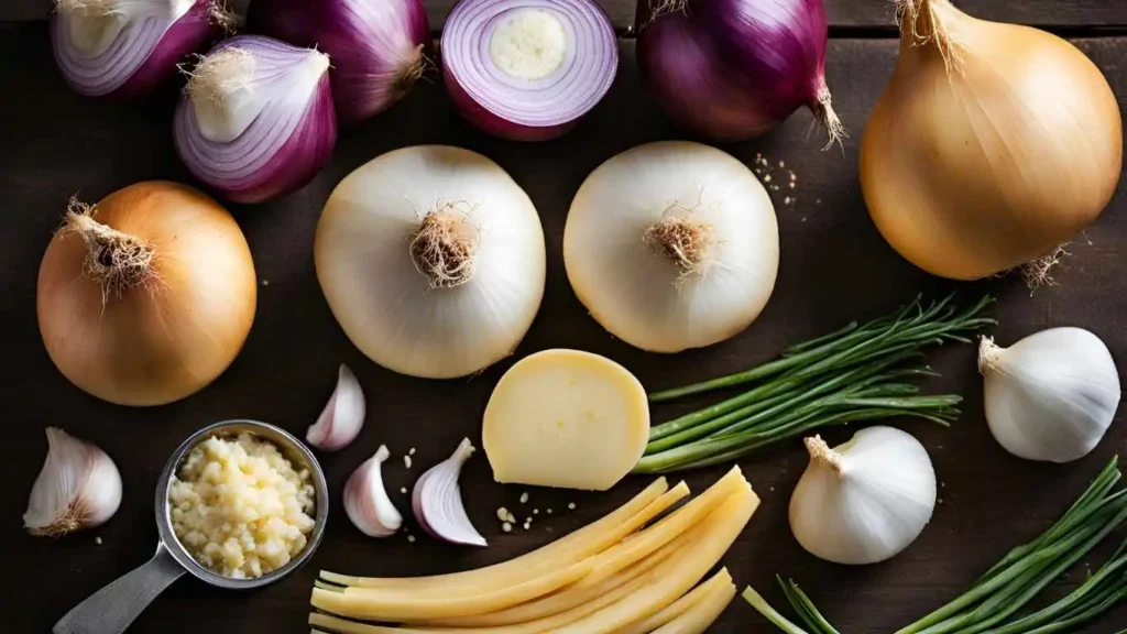 A flat-lay of the essential ingredients for Tennessee Onions: fresh Vidalia onions, blocks of cheese, butter, and seasonings like garlic and salt, beautifully arranged on a wooden kitchen counter.

