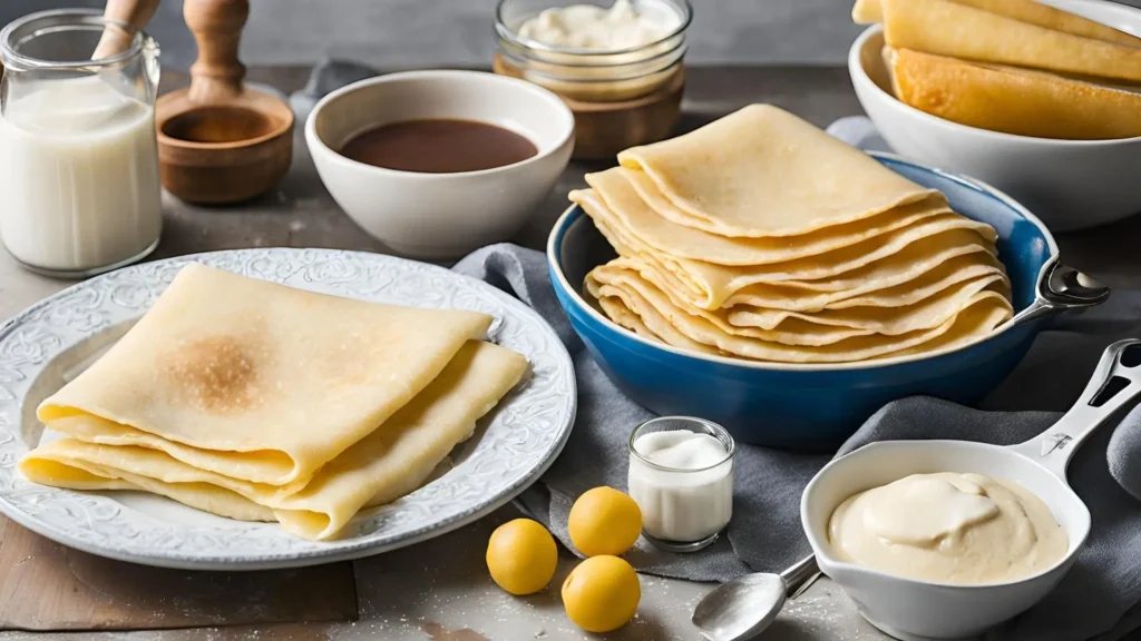 A whisk, mixing bowl, non-stick pan, ladle, and spatula laid out on a kitchen countertop, essential for making classic crepes.