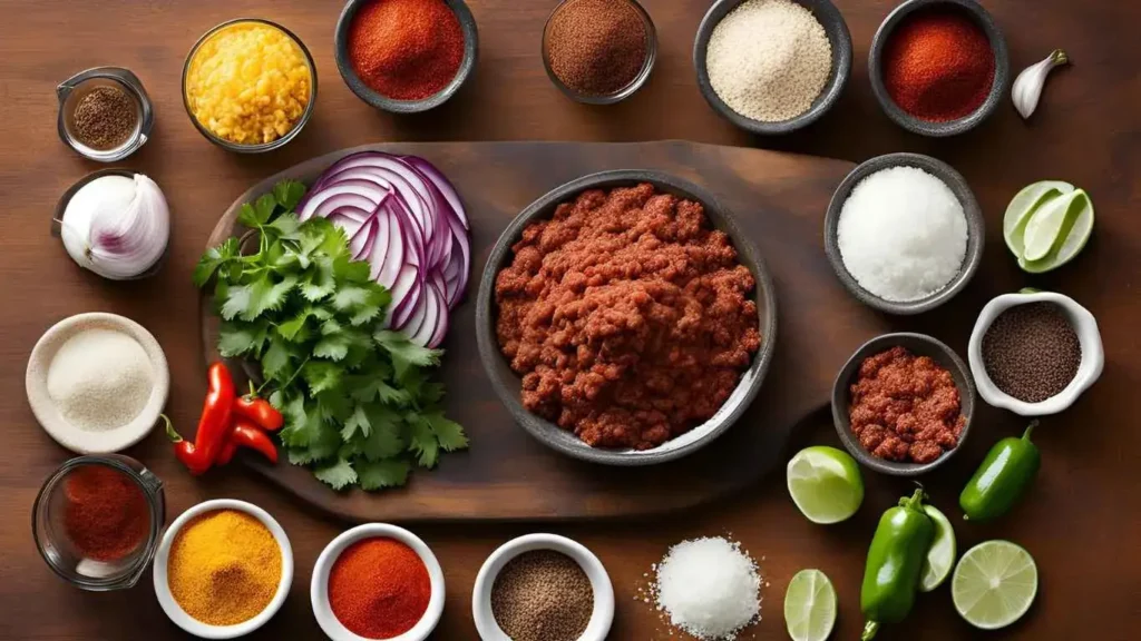 Fresh ground beef, chili powder, cumin, garlic powder, paprika, salt, pepper, diced onions, and bell peppers arranged on a rustic wooden table for making Ultimate Taco Meat.