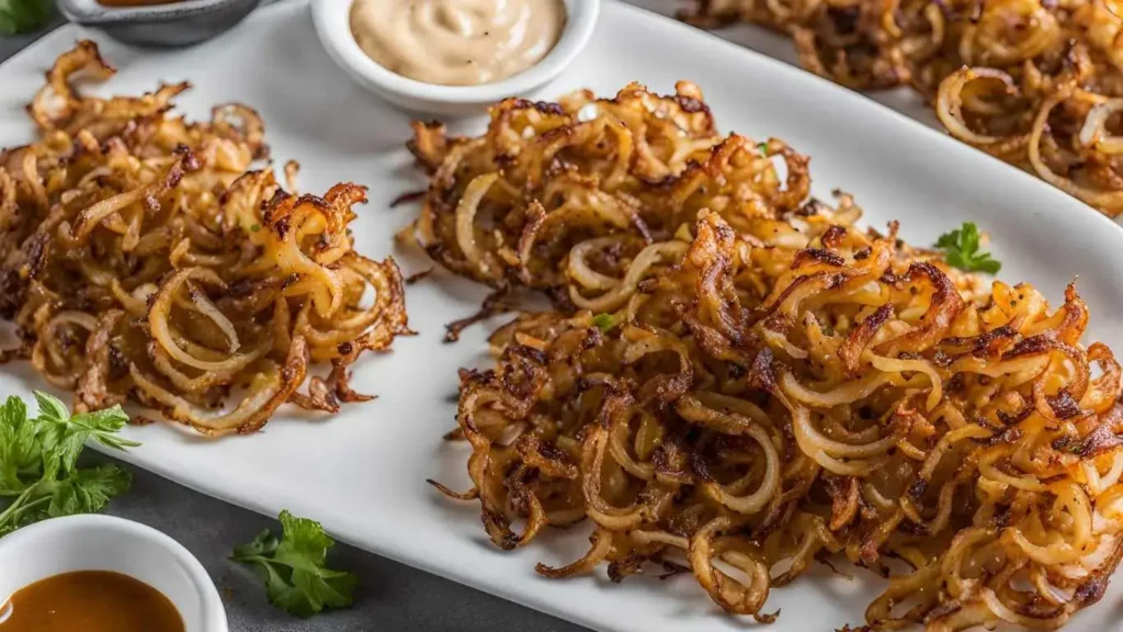 Close-up of crispy, golden Tennessee onions served with BBQ and dipping sauce, showcasing their crunchy texture.