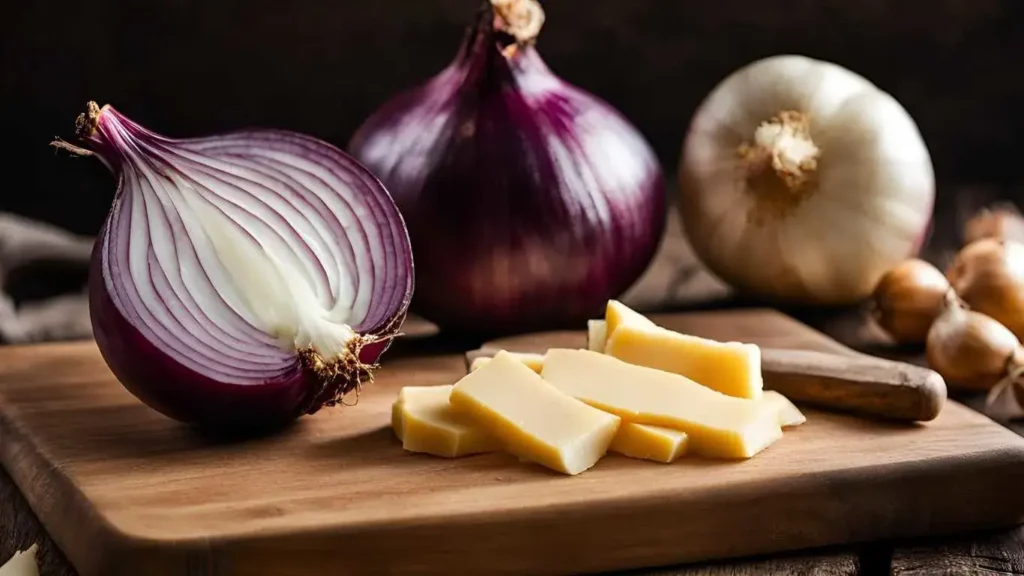 Close-up of fresh Vidalia onions, a wedge of sharp cheddar cheese, and a pat of butter, all arranged neatly on a rustic wooden board.