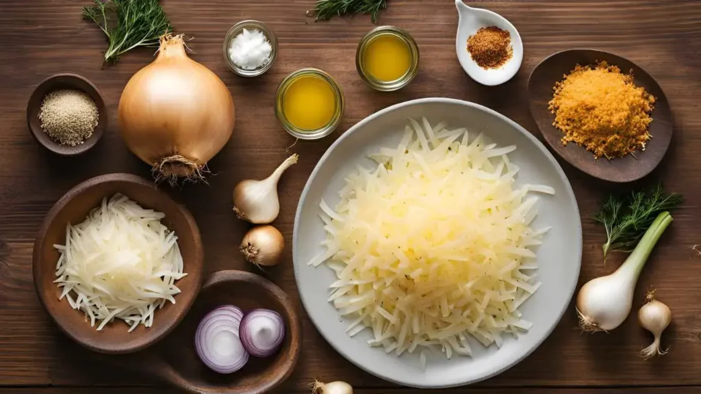 A visually appealing spread of Vidalia onions, cheddar cheese, butter, and seasonings, neatly arranged on a wooden cutting board, ready to be used in a delicious Tennessee onions recipe.