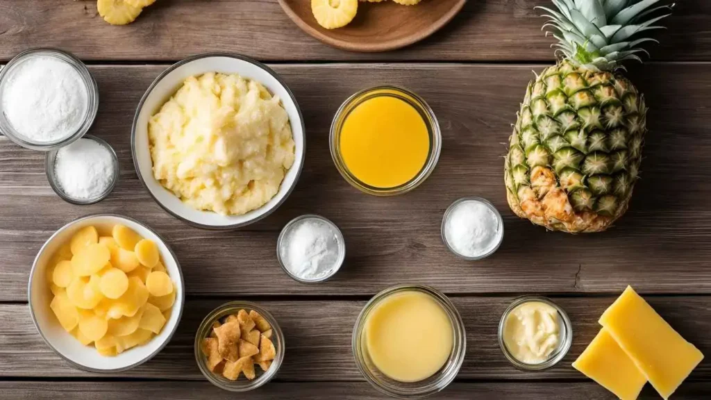 A flat-lay of ingredients for pineapple casserole, including crushed pineapple, shredded cheddar cheese, Ritz crackers, butter, sugar, and flour, arranged neatly on a rustic wooden table.