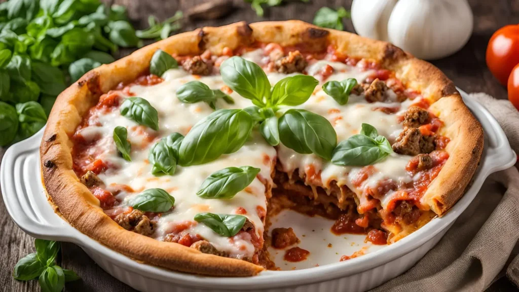 Cheesy Beef Pizza Casserole with melted mozzarella and fresh parsley.