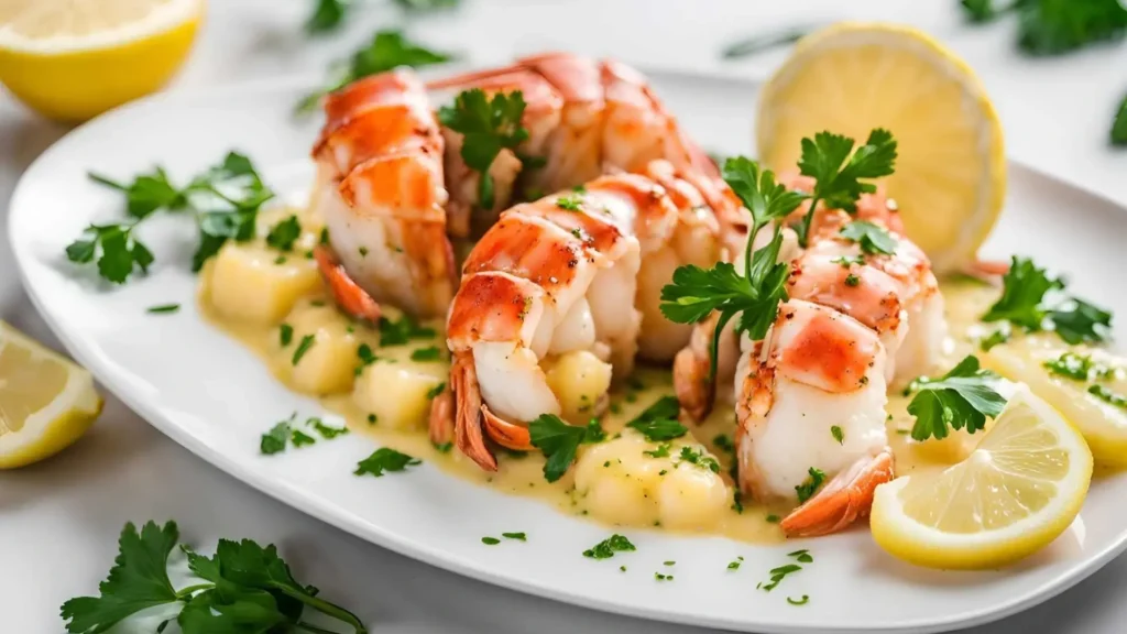 Garlic butter lobster tails and scallops, garnished with fresh parsley and lemon, served on a white plate.