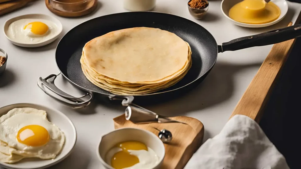 A crepe pan with a golden crepe cooking, surrounded by key ingredients like flour, eggs, and butter on the kitchen counter.