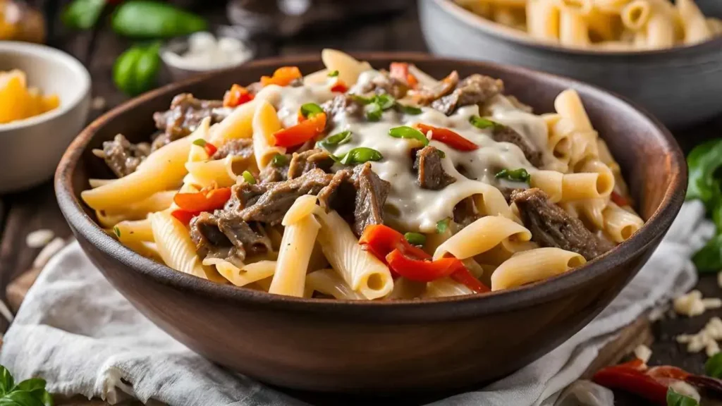 Philly Cheesesteak Pasta with steak, peppers, onions, and a creamy cheese sauce served in a rustic bowl.