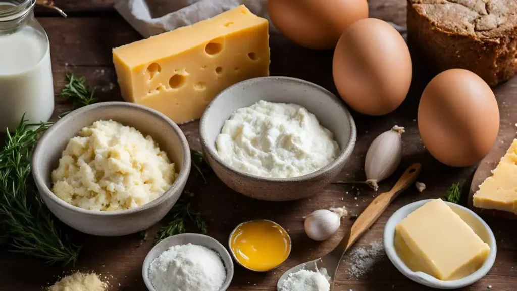 Fresh ingredients for making cheddar cheese bread: grated cheddar cheese, flour, milk, butter, and seasonings like garlic powder and herbs.