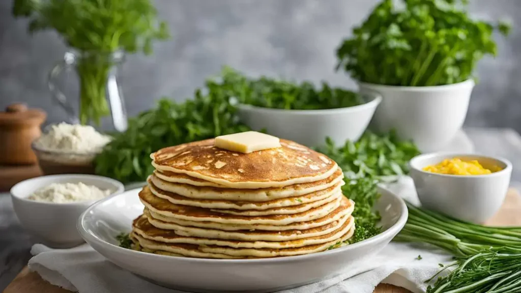 A mixing bowl filled with smooth savory pancake batter, flecked with fresh herbs and grated cheese, surrounded by ingredients like flour, eggs, milk, and baking powder on a rustic kitchen counter.