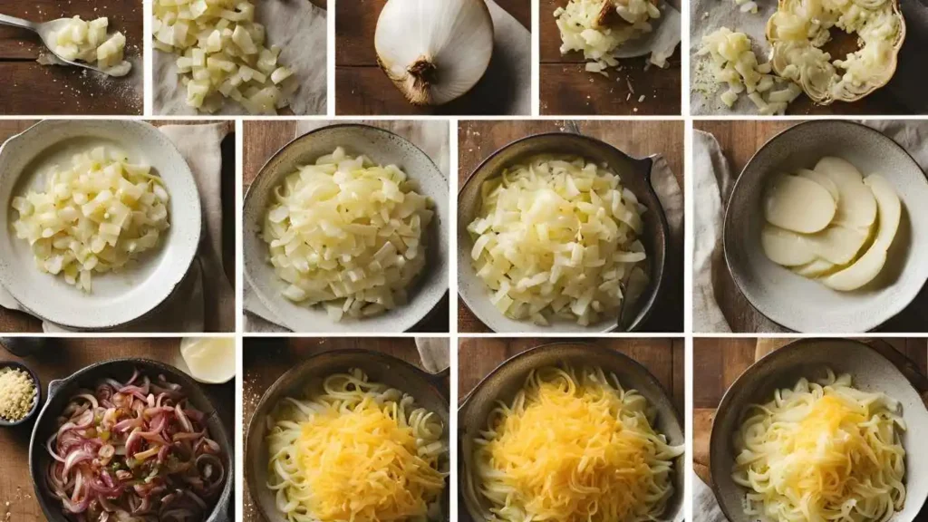 Step-by-step process of making Old-Fashioned Tennessee Onions, from slicing onions to baking in the oven with cheese and seasonings.