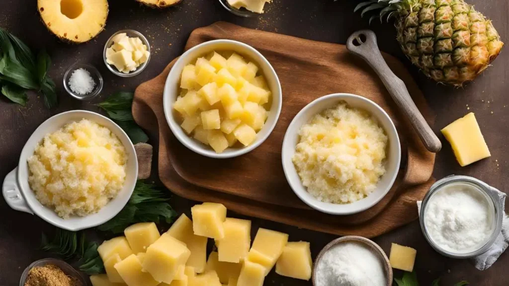 A collection of ingredients for pineapple casserole, including pineapple chunks, shredded cheese, butter, sugar, flour, and breadcrumbs, arranged on a rustic kitchen counter.