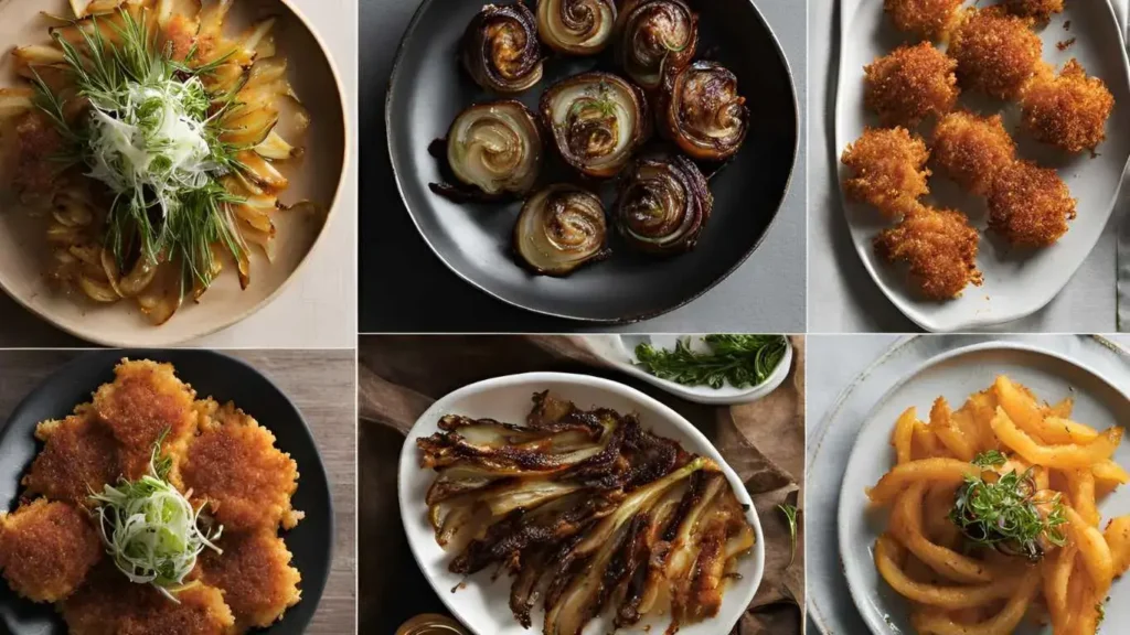 Different variations of Tennessee onions: crispy fried, caramelized, and grilled, all beautifully presented with garnishes.