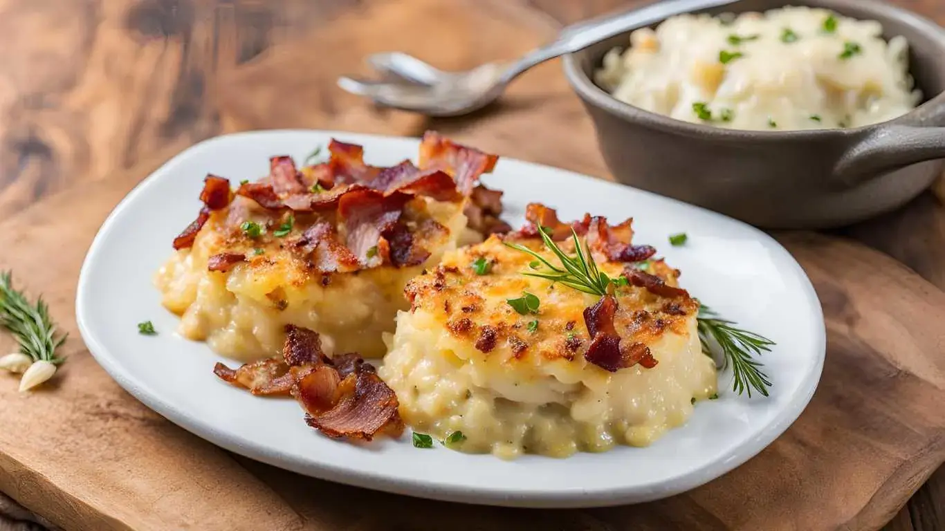 A plate showcasing different variations of Tennessee Onions: a cheesy casserole with bacon, a fancy onion gratin with a golden crust, and a keto-friendly option with almond flour, garnished with fresh herbs.