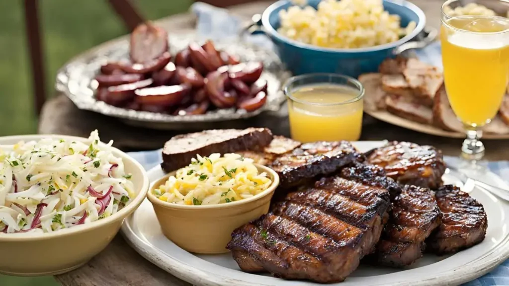 A delicious spread of cheesy Tennessee onions served with grilled meats, cornbread, coleslaw, and baked beans, set on a rustic wooden table, ready for a backyard cookout.