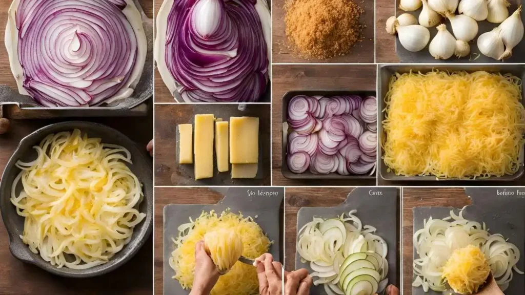 Step-by-step guide showing the process of making Tennessee Onions: from slicing to baking and the golden final result.