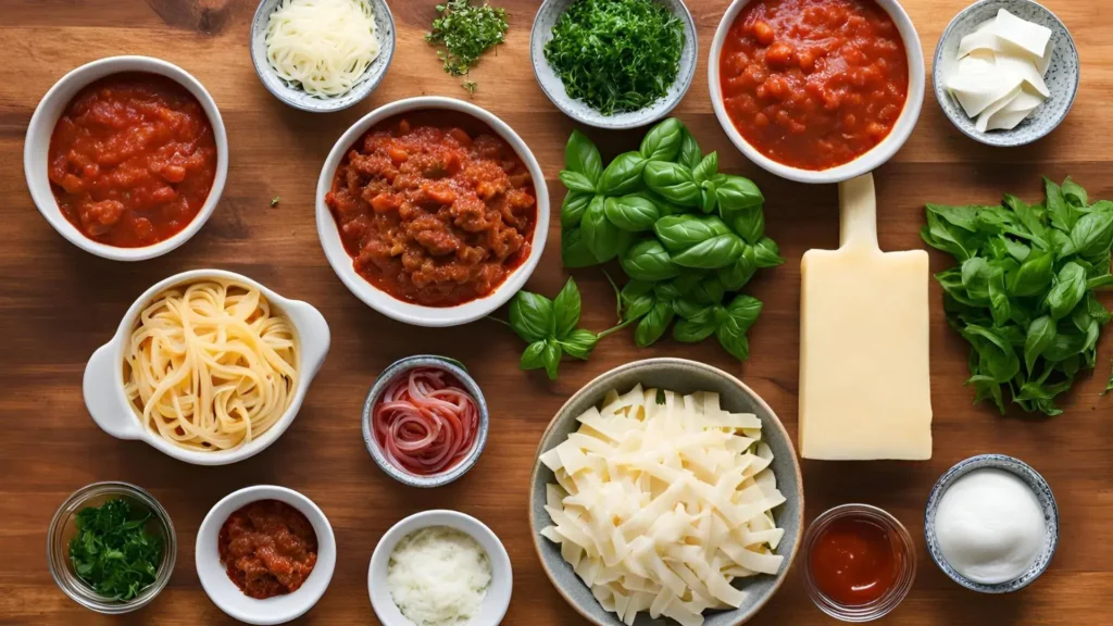 Ingredients for Cheesy Beef Pizza Casserole: ground beef, mozzarella cheese, pizza sauce, pepperoni, and pasta.