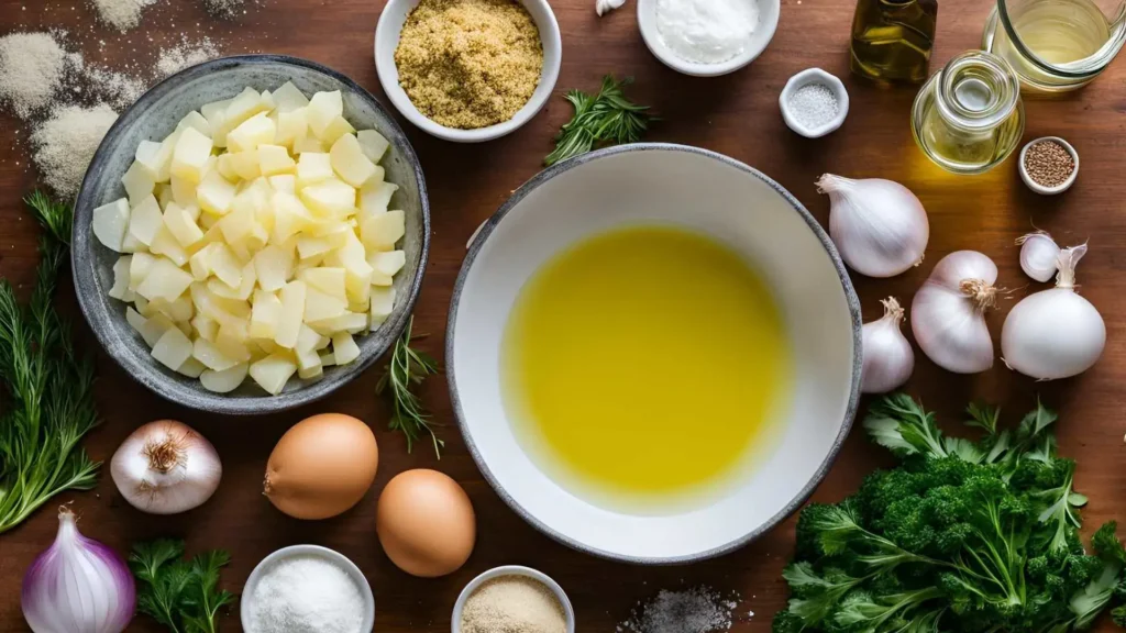 All the essential ingredients for crispy potato fritters: potatoes, flour, eggs, onion, garlic powder, fresh herbs, salt, pepper, and oil.