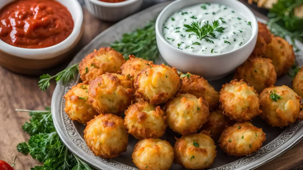 Cheesy potato puffs served with herb yogurt dip and marinara sauce for a party or festive meal.