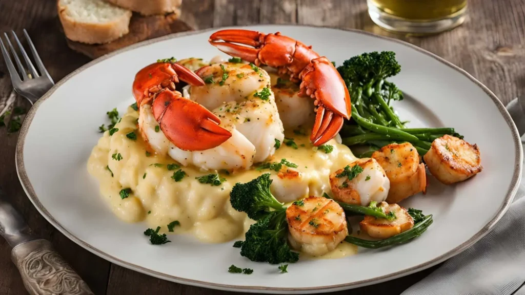 Garlic butter lobster and scallops served with creamy mashed potatoes, roasted vegetables, and garlic bread.