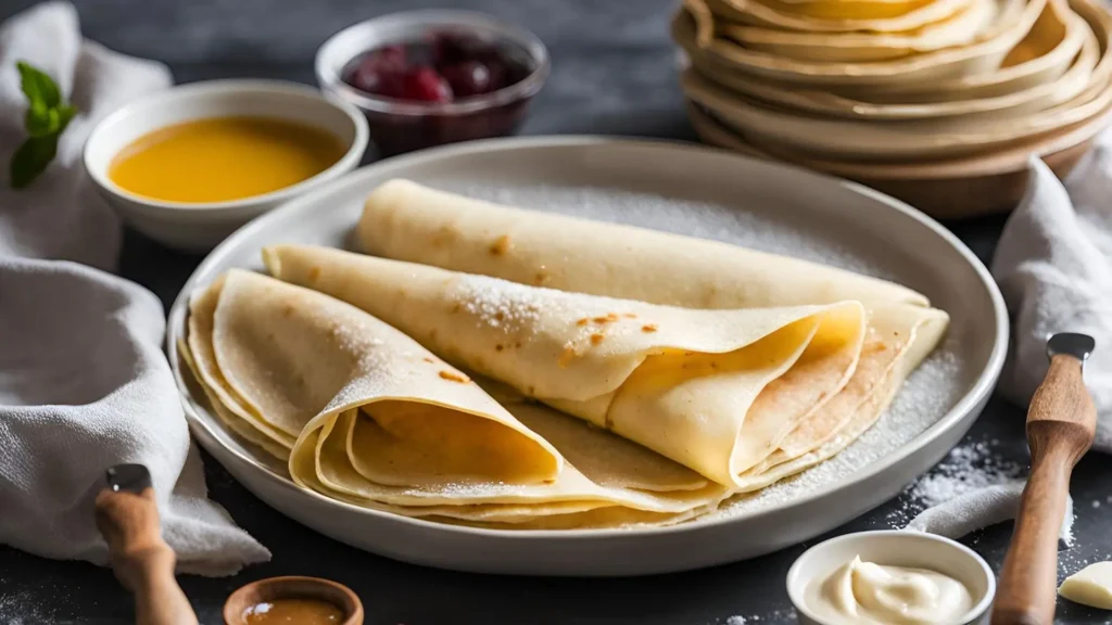 A non-stick pan with a golden-brown crepe cooking, demonstrating the perfect batter spreading and cooking technique.