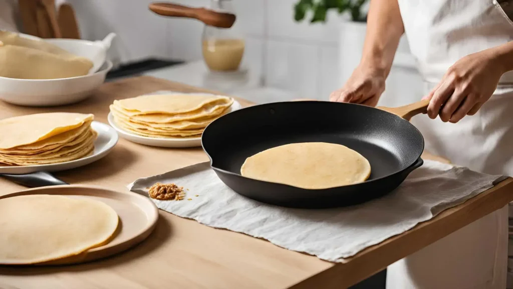 A person flipping a golden brown crepe in a non-stick pan, with crepe batter and measuring tools in the background.