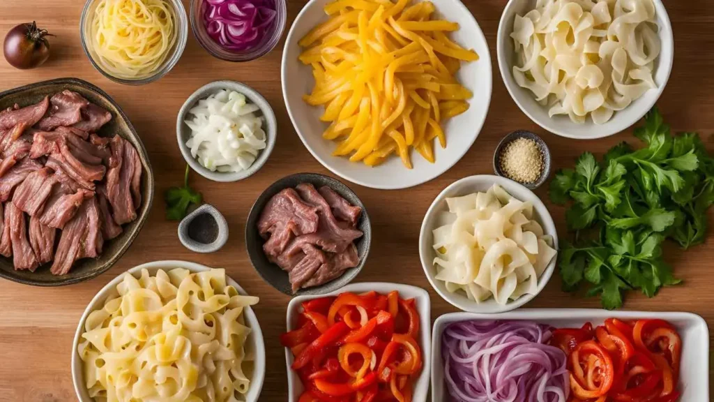 Ingredients for Philly Cheesesteak Pasta, including steak, bell peppers, onions, cheese, and pasta.