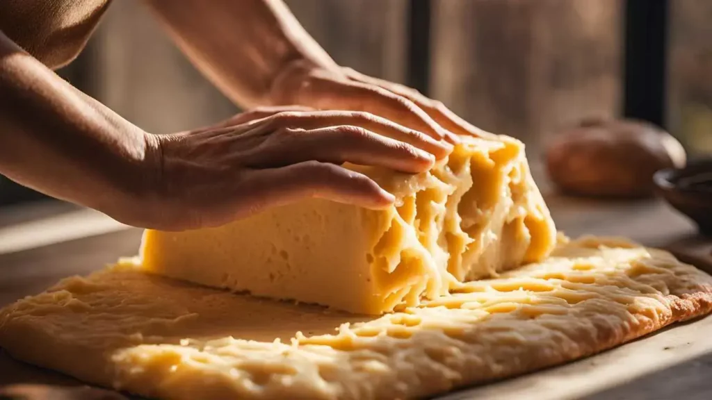 Folding grated cheddar cheese into dough to make cheddar cheese bread.