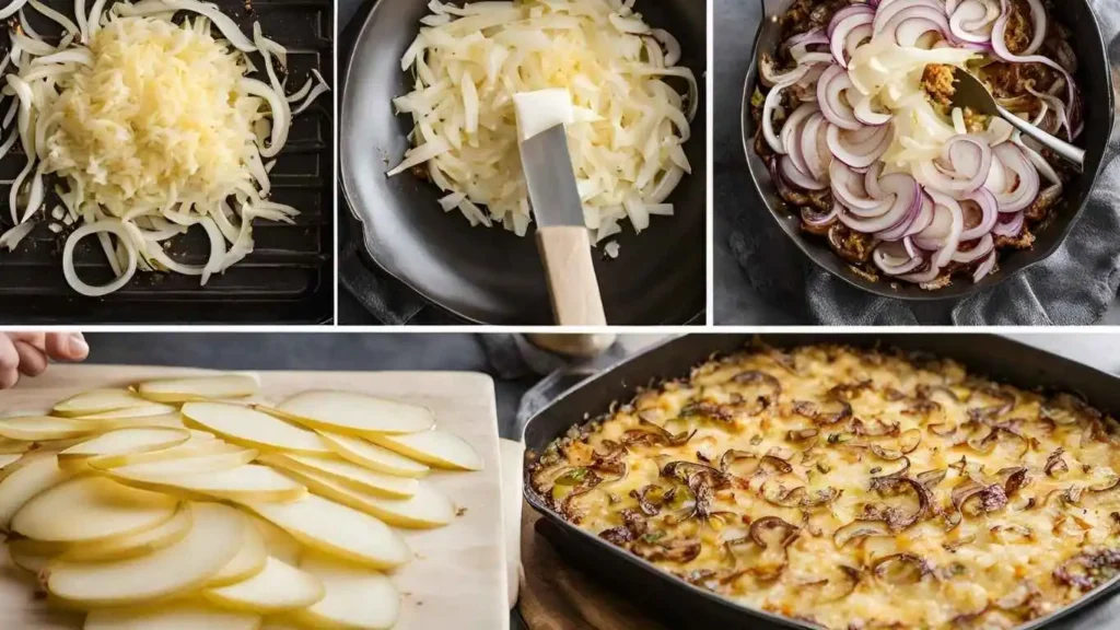 A step-by-step process of preparing Tennessee Onions, featuring sliced Vidalia onions, layered with cheese and seasonings, ready to bake.