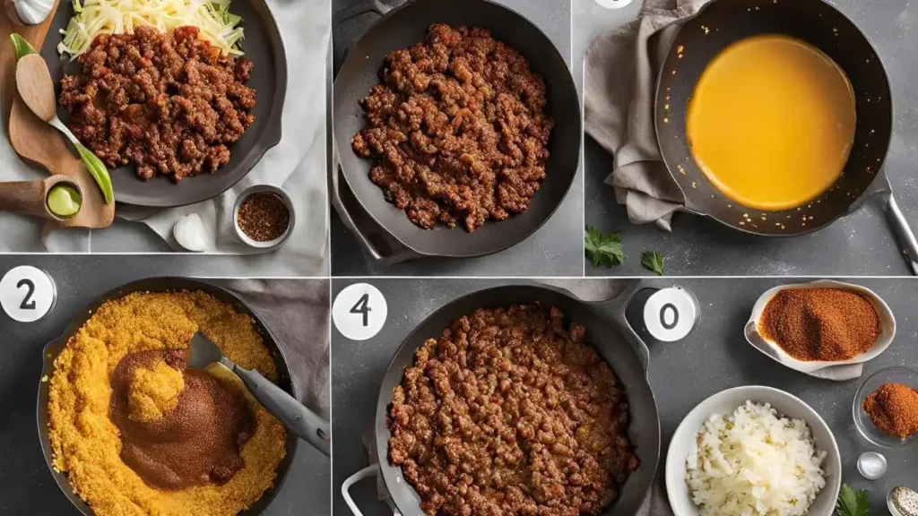 Four-step visual guide to making Ultimate Taco Meat: browning ground beef, adding spices, simmering with broth, and serving in a tortilla with fresh toppings like lettuce, cheese, and salsa.