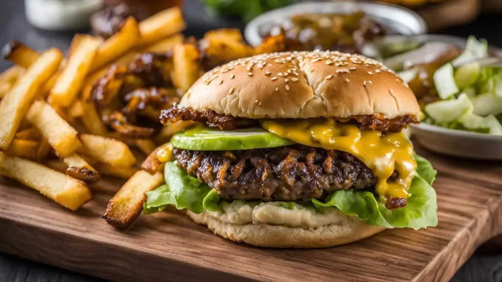 Perfectly built smash patty burger with toasted buns, melted cheese, caramelized onions, lettuce, and pickles.