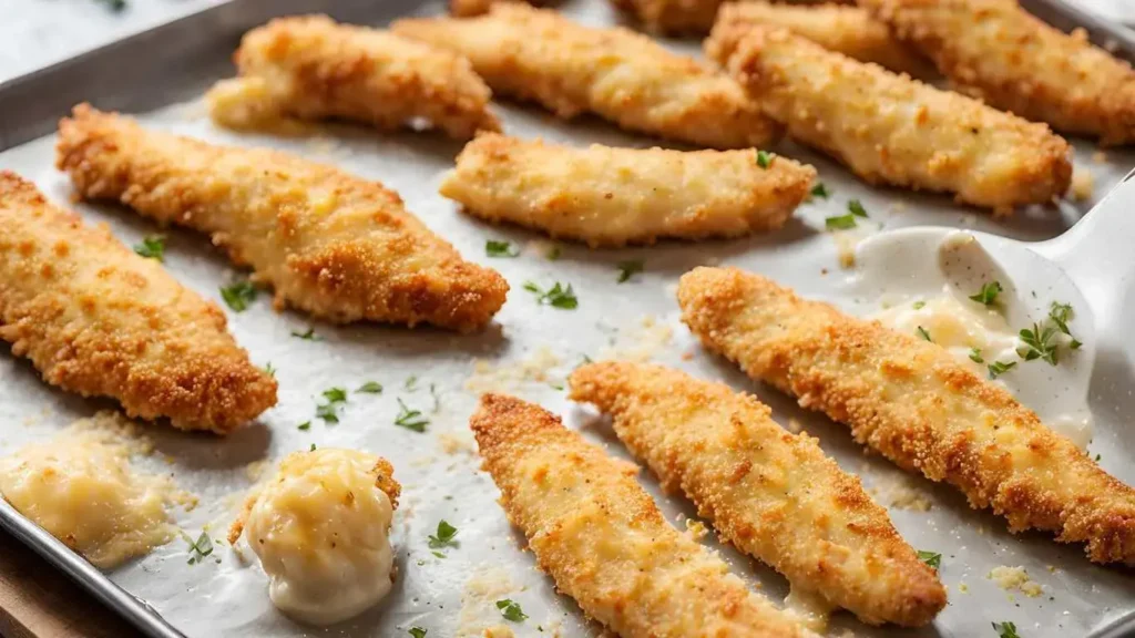 Step-by-step guide to making Crispy Parmesan Chicken Tenders: 1) Chicken strips dipped in egg wash, 2) Coating chicken with Panko breadcrumbs and Parmesan mixture, 3) Golden, baked chicken tenders fresh out of the oven, arranged on a baking sheet.