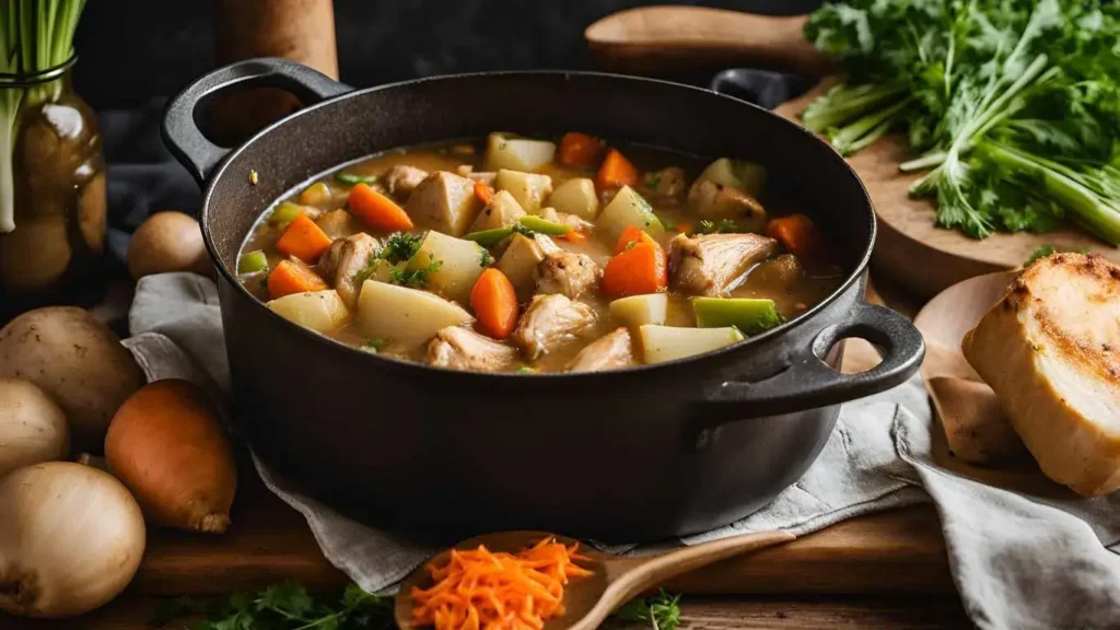 Simmering chicken stew in a Dutch oven with fresh vegetables and a wooden spoon.