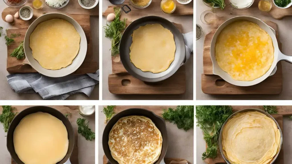 A step-by-step visual of making savory pancakes, including whisking eggs, pouring batter into a skillet, and flipping a golden pancake with herbs and cheese in the background.