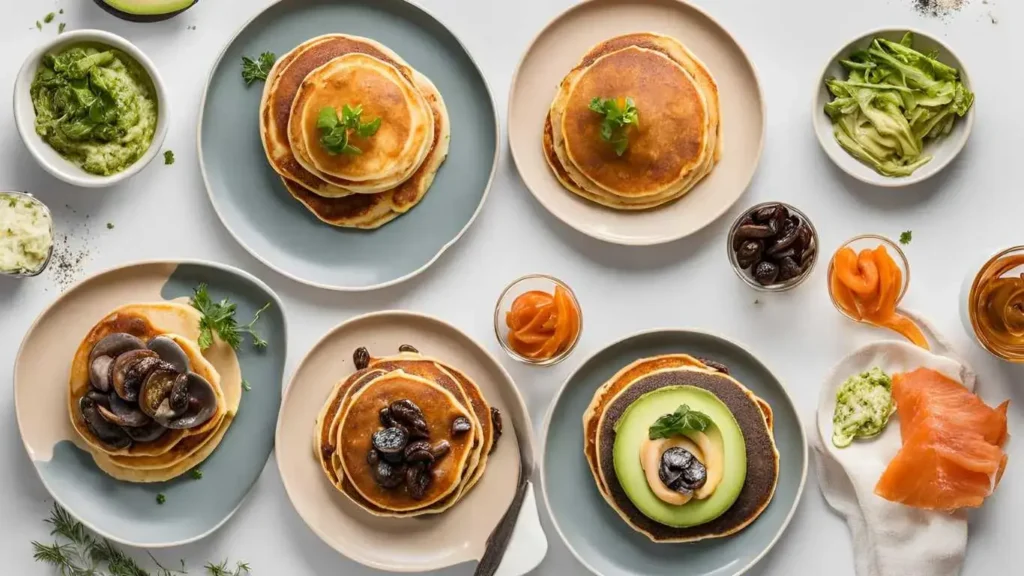 Creative variations of savory pancakes with toppings like cheese, herbs, smoked salmon, avocado, and sautéed mushrooms.