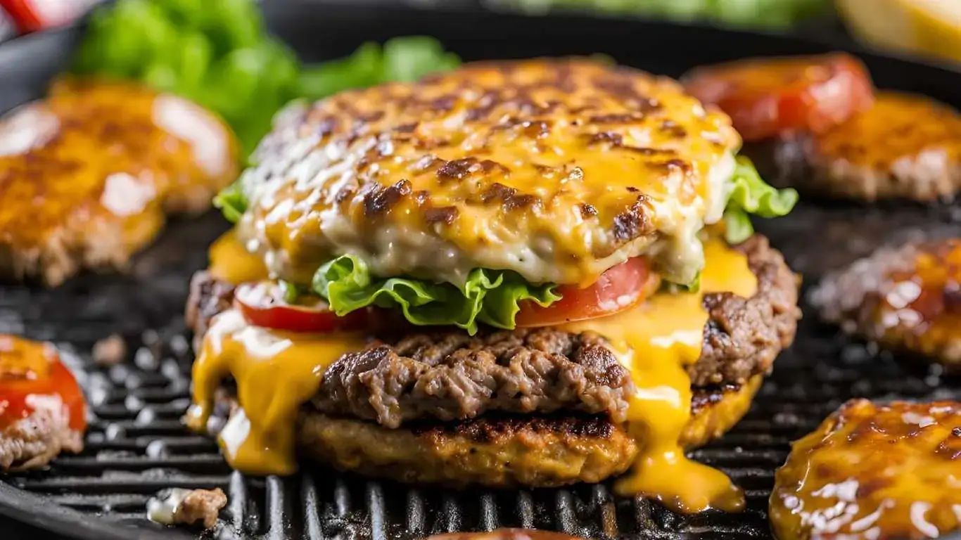 A delicious smash patty sizzling on a skillet, with melted cheese, surrounded by fresh ingredients like lettuce, tomato, and a jar of secret sauce.