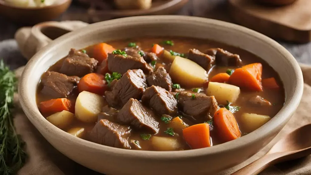 Bowl of slow-cooker beef stew with tender beef, carrots, and potatoes in a rich broth, garnished with fresh herbs and served with a rustic wooden spoon.