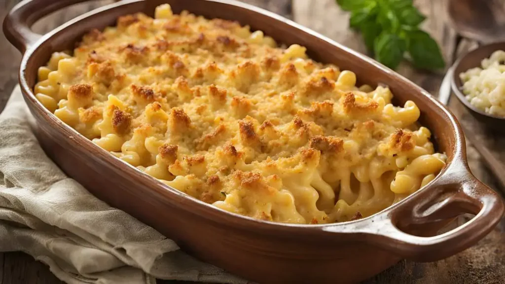 A dish of baked mac and cheese with a creamy, cheesy interior and a golden, crispy breadcrumb topping, served on a rustic table.