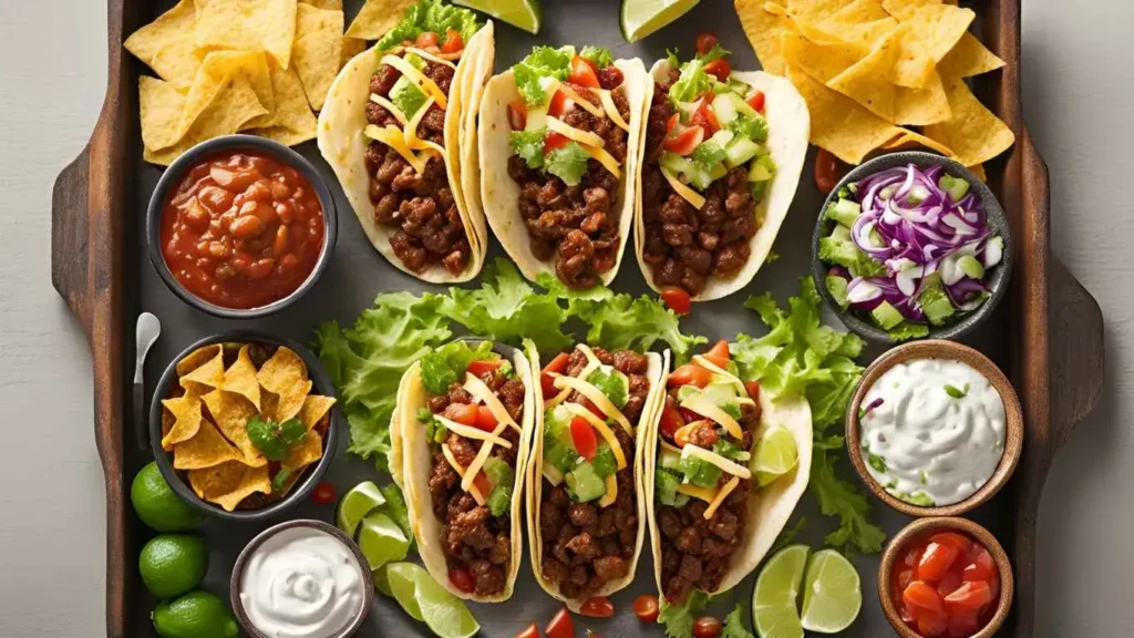 Taco meat serving ideas: classic tacos, taco salad, loaded nachos, and burrito bowls with fresh toppings like lettuce, tomatoes, guacamole, and lime.