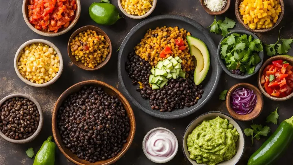 Vegetarian and vegan taco filling options featuring black beans, lentils, grilled veggies, tofu, jackfruit, vegan cheese, guacamole, and salsa.