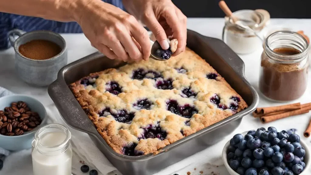 Baker’s hands sprinkling streusel topping on a Sour Cream Blueberry Coffee Cake batter, with fresh blueberries and cinnamon nearby, and a handwritten note with baking tips in the background.