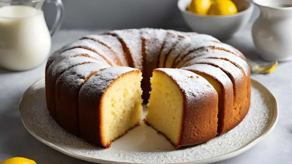 A moist and fluffy Italian yogurt cake, sliced to show its soft crumb, surrounded by visual tips like yogurt, a lemon, flour, and a whisk on a cozy kitchen counter.