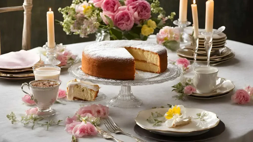 Grandma’s Italian yogurt cake dusted with powdered sugar on a vintage cake stand, surrounded by fresh flowers, a cup of coffee, and a slice of cake on a small plate, set on a celebratory table.