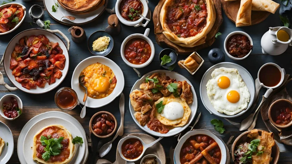 A selection of traditional breakfast dishes from around the world, including the Full English Breakfast, shakshuka, tamales, and more, displayed on a rustic breakfast table.