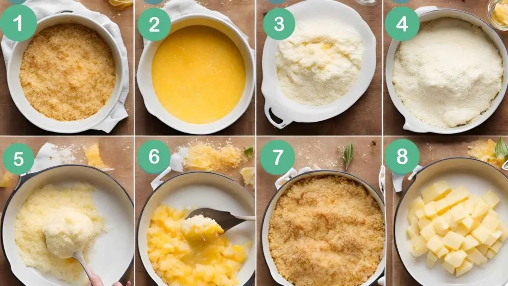 A step-by-step guide showing how to make pineapple casserole, including mixing ingredients, layering cheese and butter, adding breadcrumbs, and the final baked dish with a golden topping.